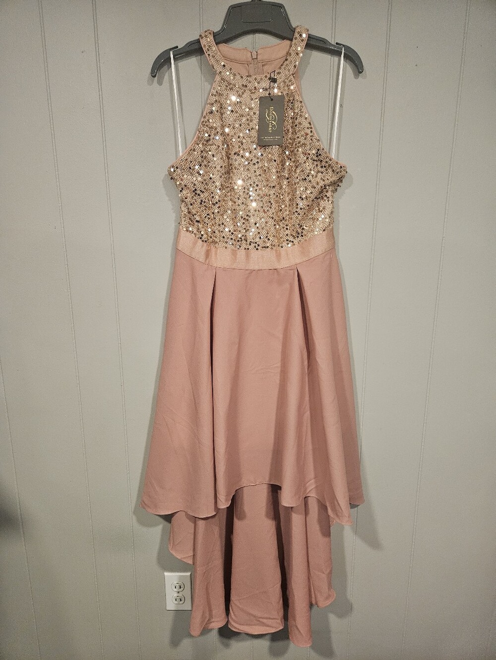 DressyStar Medium Pink Rose Gold Sequin Hi Lo Sleeveless Formal Halter Dress NWT